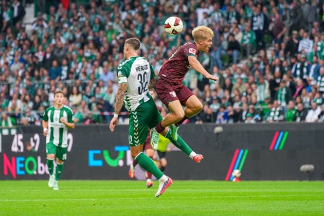 Marco Friedl, Werder Bremen, 32; Hennes Behrens, FC Augsburg, 16; German Soccer, Bundesliga, 2026–27 Season, Matchday 4, September 19, 2026, Werder Bremen vs. FC Augsburg, Weserstadion, Bremen Copyright: xLeonxFrickx