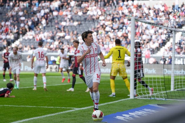 Yuito Suzuki, SC Freiburg, 14 goal celebrations, emotions, shot on goal, finish, goal scored, goal, hit, Germany, soccer, Bundesliga 1, Matchday 4, 2026–2027, Eintracht Frankfurt vs. SC Freiburg, September 19, 2026, Deutsche Bank Park, Frankfurt, Frankfurt, Deutsche Bank Park, Hesse, Germany Copyright: xArnexAmbergx