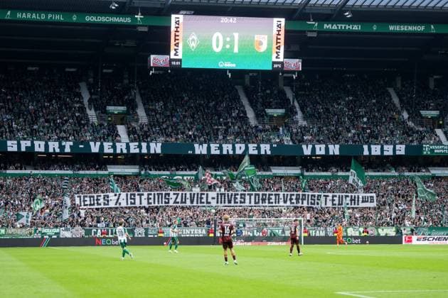 September 19, 2026, GER, Soccer, Men s, 1st Bundesliga, 2026–2027 season, Matchday 4, SV Werder Bremen vs. FC Augsburg Ultras banners, Every one is one too many, Investors, go to hell, DFB and DFL regulations prohibit any use of photographs as image sequences and or quasi-video. Bremen Weserstadion, Bremen, Germany Copyright: xNordphoto Memmlerx