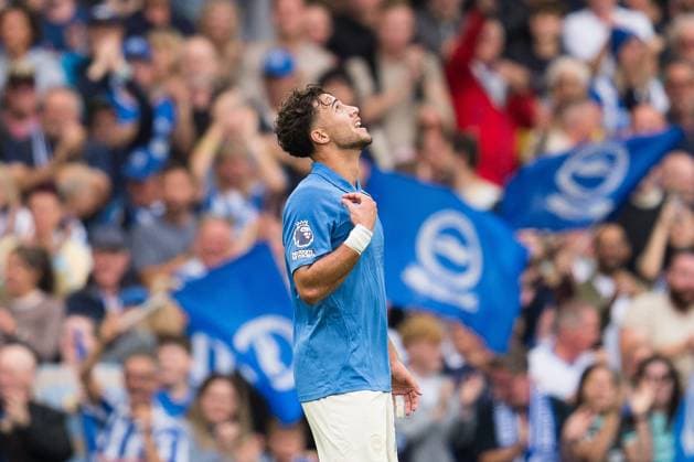 Charalampos Kostoulas of Brighton and Hove Albion celebrates scoring his teams second goal Brighton and Hove Albion v Arsenal, Premier League, Football, American Express Stadium, Brighton, UK - 19 Sep 2026Brighton American Express Stadium United Kingdom EDITORIAL USE ONLY No use with unauthorised audio, video, data, fixture lists, club league logos or live services. Online in-match use limited to 120 images, no video emulation. No use in betting, games or single club league player publications. Copyright: xWiredxPhotos Shutterstockx 17158693bw