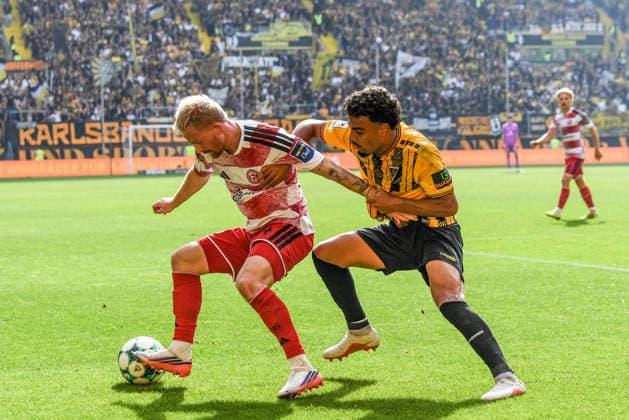 v li Jomaine Consbruch, Fortuna Düsseldorf, 14; Mehdi Loune, Alemannia Aachen, 10; tackle, duel, dynamic, action, September 19, 2026, Aachen, Germany; soccer, 3rd League, TSV Alemannia Aachen vs. Fortuna Düsseldorf, soccer, 3rd Division, TSV Alemannia Aachen vs. Fortuna Düsseldorf, DFB and DFL regulations prohibit any use of photographs as image sequences and or quasi-video xmhx