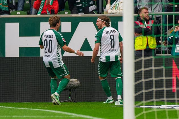 Goal to make it 3–2 for Werder Bremen by Mitchell Weiser, Werder Bremen, 8, goal celebration, joy, emotions, German soccer, Bundesliga, 2026–27 season, Matchday 4, September 19, 2026, Werder Bremen vs. FC Augsburg, Weserstadion, Bremen Copyright: xLeonxFrickx