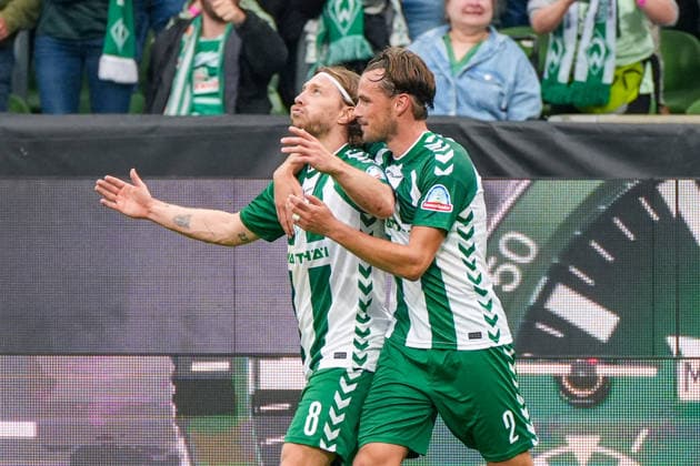 Goal to make it 3–2 for Werder Bremen by Mitchell Weiser, Werder Bremen, 8, goal celebration, joy, emotions, German soccer, Bundesliga, 2026–27 season, Matchday 4, September 19, 2026, Werder Bremen vs. FC Augsburg, Weserstadion, Bremen Copyright: xLeonxFrickx