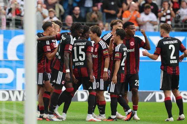 Goal celebration for the 2-1 goal by Jonathan Burkhardt, Jonathan Michael Jonny Burkardt, Jonny Burkardt of Eintracht Frankfurt, No. 9, and his teammates; Eintracht Frankfurt vs. SC Freiburg, Bundesliga, BL, 2026–2027 season, Match 4, September 19, 2026, Frankfurt, Deutsche Bank Park, Germany