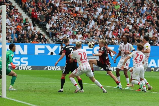 Goal to make it 2–1 by Jonathan Burkhardt, Jonathan Michael Jonny Burkardt, Jonny Burkardt, Eintracht Frankfurt, No. 9, from the scramble in front of the goal defended by goalkeeper Mio Backhaus of SC Freiburg, 1, Eintracht Frankfurt vs. SC Freiburg, Bundesliga, BL, 2026–2027 season, Match 4, September 19, 2026, Frankfurt, Deutsche Bank Park, Germany