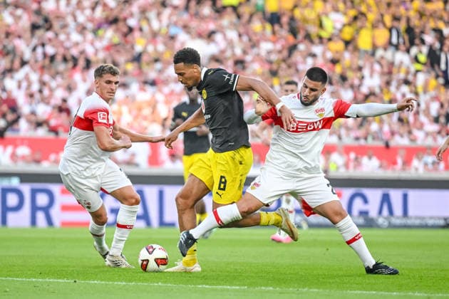 Grischa Proemel, VfB Stuttgart, Felix Nmecha of Borussia Dortmund and Deniz Undav of VfB Stuttgart battle for the ball during the Bundesliga match between VfB Stuttgart and Borussia Dortmund at the MHPArena on September 19, 2026, in Stuttgart, Germany. Photo by Harry Langer, DeFodi Images. Grischa Proemel, VfB Stuttgart, Felix Nmecha of Borussia Dortmund and Deniz Undav of VfB Stuttgart battle for the ball during the Bundesliga match between VfB Stuttgart and Borussia Dortmund at the MHP Arena on September 19, 2026, in Stuttgart, Germany. Photo by Harry Langer, DeFodi Images. DFB and DFL regulations prohibit any use of photographs as image sequences and or quasi-video. Photo by Harry Langer, DeFodi Images. DFB and DFL regulations prohibit any use of photographs as imSEQUENCES AND OR QUASI-VIDEO
