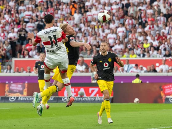 September 19, 2026, GER, Soccer, Men s, 1. Bundesliga, 2026–2027 Season, Matchday 4, VfB Stuttgart vs. Borussia Dortmund, scoring chance, Bilal El Khannouss (VfB Stuttgart), 11, right: Daniel Svensson (Borussia Dortmund), 24. DFB and DFL regulations prohibit any use of photographs as image sequences and or quasi-video. Stuttgart MHP Arena, Baden-Württemberg, Germany Copyright: xNordphoto WolfgangxFrankx