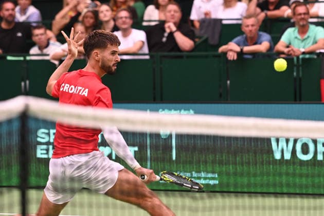 Dino PRIZMIC (CRO) converts the match point, action, Game 2: Daniel ALTMAIER (GER) vs. Dino PRIZMIC (CRO), Germany (GER) vs. Croatia (CRO), Tennis, Davis Cup Qualifiers, Round 2, on September 19, 2026, at the Heristo Arena in Westphalia, Germany Â
