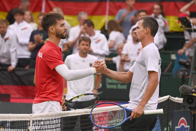 Victory cheers, cheers, cheering, joy, cheers, Dino PRIZMIC (CRO) shakes hands with Daniel ALTMAIER (GER) after Match 2: Daniel ALTMAIER (GER) vs. Dino PRIZMIC (CRO). Germany (GER) vs. Croatia (CRO). Tennis Davis Cup Qualifiers, Round 2, on September 19, 2026, at the Heristo Arena in Westphalia, Germany Â