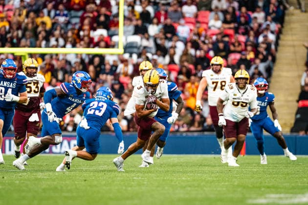 Reed Harris (Arizona State, 03) with some running after the catch Union Jack Classic, Arizona State Sun Devils at Kansas Jayhawks , American Football, NCAA, College League, USA Big 12, Week 3, 2026, 19.09.2026, Copyright: xPFA PatrickxKlixx