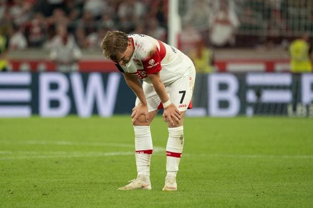 Maximilian Mittelstädt, VfB Stuttgart, 07, disappointed, disappointment, frustrated, frustration, annoyed, annoyance, after a loss, GER, VfB Stuttgart vs. Borussia Dortmund, soccer, Bundesliga 1, Matchday 4, 2026–2027 season, September 19, 2026, DFL regulations prohibit any use of photographs as image sequences and or quasi-video, GER, VfB Stuttgart vs. Borussia Dortmund, soccer, Bundesliga 1, Matchday 4, 2026–2027 season, September 19, 2026, Stuttgart Copyright: xEibner-Pressefoto EdwardxCheungx EP_ECG