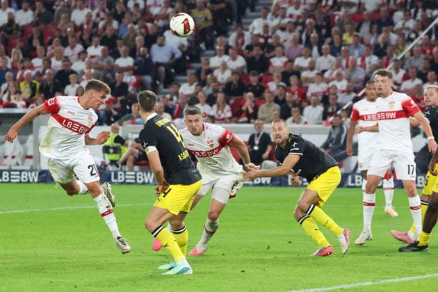 September 26, 2020 VfB Stuttgart Borussia Dortmund Germany, Stuttgart, September 20, 2026, Soccer, Bundesliga, 2026–2027 season, VfB Stuttgart vs. Borussia Dortmund: Grischa Prömel (left), VfB; Ermedin Demirovic, VfB (center), against Waldemar Anton, BVB