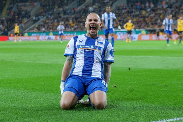 September 19, 2026, xtgx, Soccer, 2. Bundesliga, Dynamo Dresden vs. Hertha BSC Berlin, T1, 2, Cheering, Goal celebration, celebrating the goal, celebration after the 1–2 goal by Jon Dagur Thorsteinsson (Hertha), 23 DFL DFB REGULATIONS PROHIBIT ANY USE OF PHOTOGRAPHS as IMAGE SEQUENCES and or QUASI-VIDEO Dresden