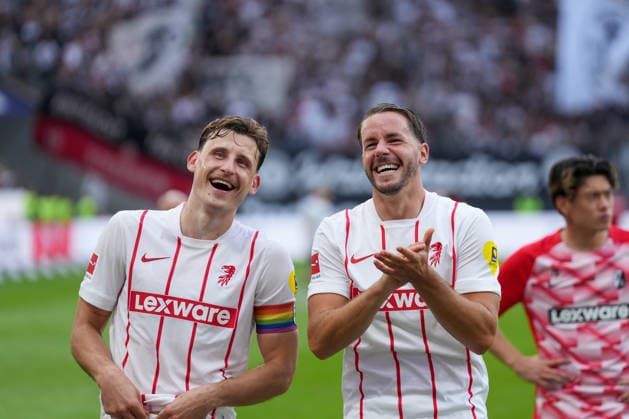 Maximilian Eggestein, SC Freiburg, No. 8, and Christian Günter, SC Freiburg, No. 30, Germany, soccer, Bundesliga 1, Matchday 4, 2026–2027, Eintracht Frankfurt vs. SC Freiburg, September 19, 2026, Deutsche Bank Park, Frankfurt, Hesse, Germany Copyright: xArnexAmbergx