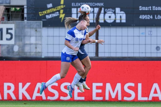 From left: Lana Hubbeling (SV Meppen), 18, and Pija Reininger (SC Sand), 9, in a header duel; header; tackle; action; game scene; DFB REGULATIONS PROHIBIT ANY USE OF PHOTOGRAPHS AS SEQUENCE IMAGES AND OR VIDEO-LIKE PHOTO SERIES DFB REGULATIONS PROHIBIT ANY USE OF PHOTOGRAPHS AS SEQUENCEENCES AND OR QUASI-VIDEO, September 20, 2026, Meppen, Germany, soccer, Women’s Bundesliga 2, SV Meppen vs. SC Sand xobx