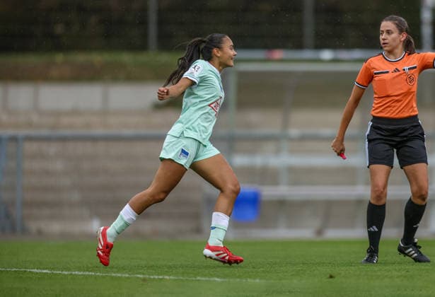 GER, Frankfurt, Eintracht Frankfurt II vs. Hertha BSC Berlin, Women s Bundesliga 2, Soccer, DFB, 2026–2027 Season, Stadion am Brentanobad, Matchday 7 in pictures: Sari Saeland, Hertha BSC Women s Team 14, Goal, Celebration and Joy, Emotions. DFB and DFL regulations prohibit any use of photographs as image sequences and or quasi-video. September 20, 2026 Copyright: HMBxMedia HendrikxHamelau