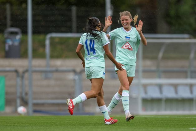 GER, Frankfurt, Eintracht Frankfurt II vs. Hertha BSC Berlin, Women s Bundesliga 2, Soccer, DFB, 2026–2027 Season, Stadion am Brentanobad, Matchday 7 in pictures: Sari Saeland, Hertha BSC Women s Team 14, Goal, Celebration and Joy, Emotions. DFB and DFL regulations prohibit any use of photographs as image sequences and or quasi-video. September 20, 2026 Copyright: HMBxMedia HendrikxHamelau