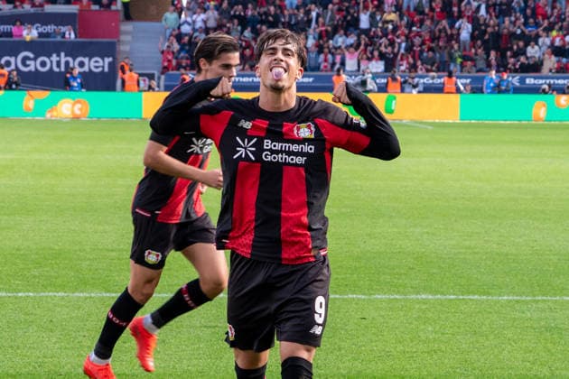 Germany, Bundesliga 1, 2026–2027, Matchday 4, Bayer 04 Leverkusen vs. RB Leipzig, Saturday, September 20, 2026, BayArena Stadium, Leverkusen, North Rhine-Westphalia. Goal and goal celebration for the 2–0 lead by Miguel Gutierrez of Bayer 04 Leverkusen, 3 Joy, Emotions, celebration by Afonso Moreira of Bayer 04 Leverkusen, 9 Leverkusen, BayArena Stadium, Leverkusen, Germany Copyright: xOrhanxHabashx