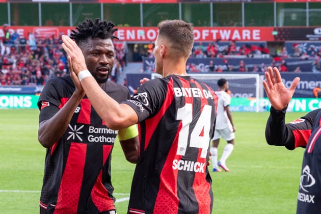Germany, Bundesliga 1, 2026–2027, Matchday 4, Bayer 04 Leverkusen vs. RB Leipzig, Saturday, September 20, 2026, BayArena Stadium, Leverkusen, North Rhine-Westphalia; goal and celebration of the 2–0 score by Miguel Gutierrez (Bayer 04 Leverkusen), 3; joy, emotions, celebration by Afonso Patrik Schick of Bayer 04 Leverkusen (No. 14) and Edmond Tapsoba of Bayer 04 Leverkusen (No. 12), Leverkusen, BayArena Stadium, Leverkusen, Germany Copyright: xOrhanxHabashx