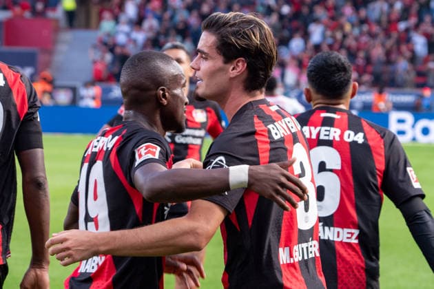 Germany, Bundesliga 1, 2026–2027, Matchday 4, Bayer 04 Leverkusen vs. RB Leipzig, Saturday, September 20, 2026, BayArena Stadium, Leverkusen, North Rhine-Westphalia, Goal and goal celebration for the 2–0 score by Miguel Gutierrez of Bayer 04 Leverkusen, 3 Joy, emotions, celebration with Moussa Diaby of Bayer 04 Leverkusen, 19 Leverkusen, BayArena Stadium, Leverkusen, Germany Copyright: xOrhanxHabashx
