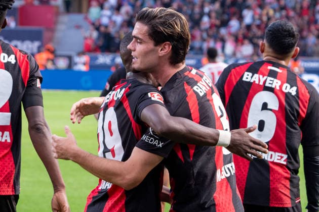 Germany, Bundesliga 1, 2026–2027, Matchday 4, Bayer 04 Leverkusen vs. RB Leipzig, Saturday, September 20, 2026, BayArena Stadium, Leverkusen, North Rhine-Westphalia, Goal and goal celebration for the 2–0 score by Miguel Gutierrez of Bayer 04 Leverkusen, 3 Joy, emotions, celebration with Moussa Diaby of Bayer 04 Leverkusen, 19 Leverkusen, BayArena Stadium, Leverkusen, Germany Copyright: xOrhanxHabashx