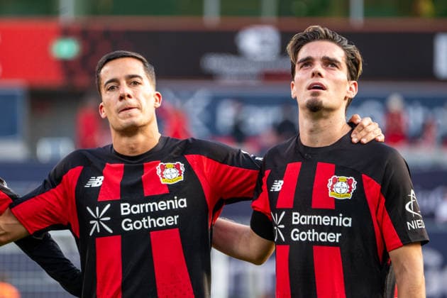Germany 1st Bundesliga 2026–2027, Matchday 4, Bayer 04 Leverkusen vs. RB Leipzig, Saturday, September 20, 2026, BayArena Stadium, Leverkusen, North Rhine-Westphalia—Joy, Emotions, cheering, victory celebration, reaction, Lucas Vázquez (Bayer 04 Leverkusen), No. 17 Miguel Gutiérrez (Bayer 04 Leverkusen), No. 3 Leverkusen, BayArena, Leverkusen, Germany Copyright: xOrhanxHabashx