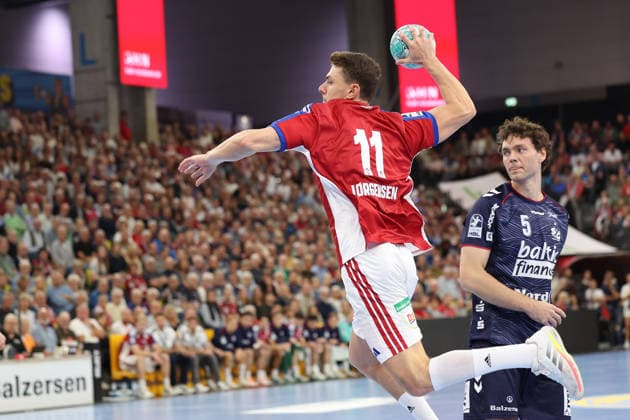 September 5, 2026, xBHAx, Handball, Opel HBL, 2026–2027 Season, 1st HBL, SG Flensburg-Handewitt vs. Handball Club Hamburg, GGW Arena; Nicolaj Jörgensen, Handball Club Hamburg 11 (forward); Niclas Kirkelökke, SG Flensburg-Handewitt 5 (defender); Schleswig-Holstein, Germany