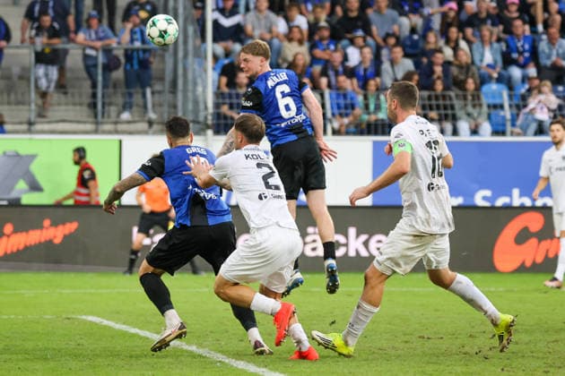 Joey Müller of SV Waldhof Mannheim, No. 6, heads the ball; a scene from the penalty area in the 3. Liga, Matchday 7, SV Waldhof Mannheim vs. SC Preußen Münster on September 20, 2026, at Carl Benz Stadium in Mannheim, Germany, 2026; Franz Reindel, Mannheim, Carl Benz Stadium, Germany Copyright: xFranzxReindelx