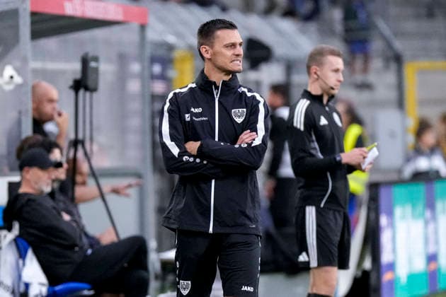 Thomas Wörle (Tom Wörle), Coach, Head Coach, Münster, Single Image, Single Photo, Action, Looking Disappointed, Disappointment, Frustration, Pessimistic, September 20, 2026, Mannheim, Germany, soccer, 3rd Division, SV Waldhof Mannheim vs. SC Preußen Münster, DFB and DFL regulations prohibit any use of photographs as image sequences and or quasi-video xozx