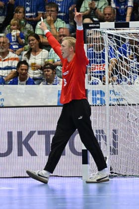 September 27, 2026, GER, Handball, Men, Opel HBL, 2026–2027 Season, Matchday 6, VfL Gummersbach vs. Bergischer HC Bertram Obling (VfL Gummersbach 16) celebrates a saved shot. DFB and DFL regulations prohibit any use of photographs as image sequences and or quasi-video. Gummersbach, SCHWALBE Arena, NRW, Germany Copyright: xNordphoto Meuterx