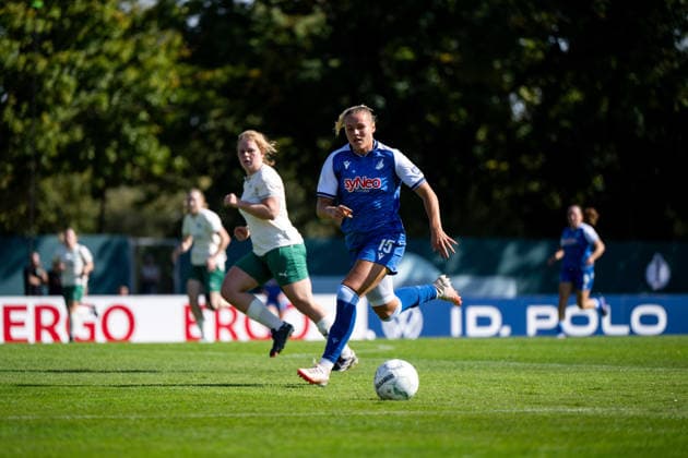 September 27, 2026, GER, Soccer, Women s, DFB Cup, 2026–2027 Season, Round 1, SpVgg Greuther Fürth vs. TSG 1899 Hoffenheim, Martine Trollsas Fenger (Hoffenheim), 15 on the ball (Fürth), Julius Hirsch Sports Center, Bavaria, Germany Copyright: xNordphoto Memmlerx