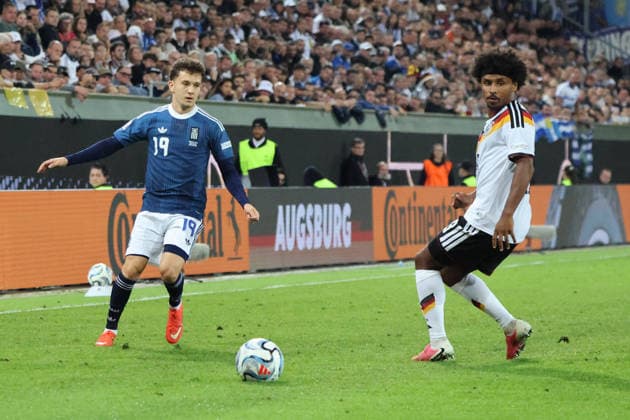 September 27, 2026, Soccer, Men s, 2027 UEFA Nations League, Germany vs. Greece, Konstantinos Karetsas (Greece), Karim Adeyemi (Germany), Augsburg WWK Arena, Bavaria, Germany (DEU) Copyright: xSebastianxBachx