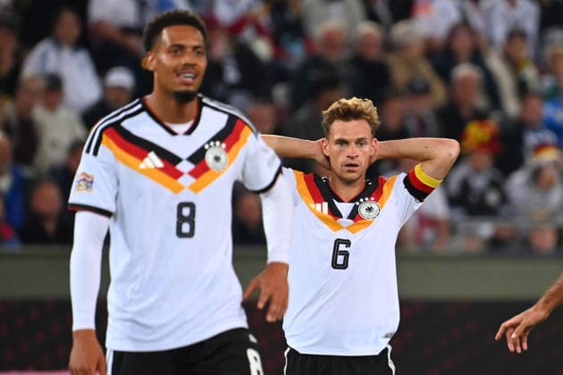 Joshua KIMMICH GER, disappointment, frustration, disappointed, frustrated, dejected; in the foreground, Felix NMECHA GER; UEFA Nations League group stage, Group B, Matchday 2: Germany (GER) vs. Greece (GRE) 0–1, on September 27, 2026, at WWK Arena Augsburg