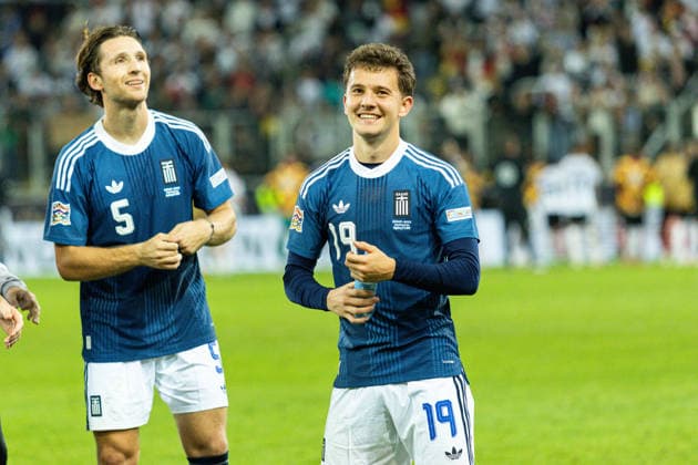 Germany vs. Greece, UEFA Nations League, Matchday 2, 2026–27 Season, WWK Arena, Augsburg. Konstantinos Karetsas, Greece, 19, is happy after the game and laughs. Augsburg WWK Arena, Bavaria, Germany Copyright: xBenedictxChristx