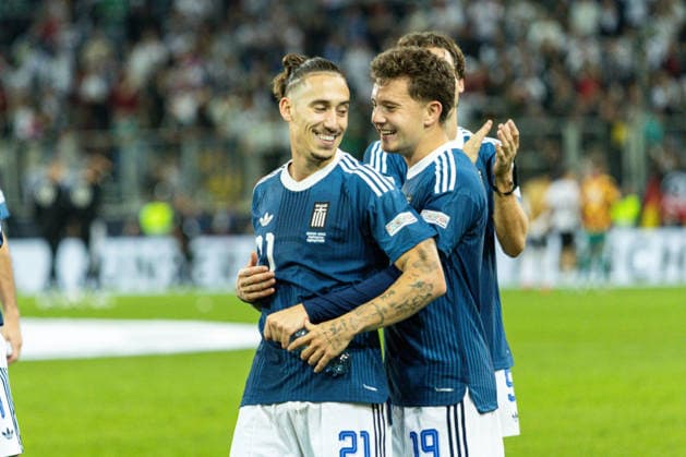 Germany vs. Greece, UEFA Nations League, Matchday 2, 2026–27 Season, WWK Arena, Augsburg. Kostas Tsimikas (Greece, 21) and Konstantinos Karetsas (Greece, 19) celebrate after the final whistle. Augsburg, WWK Arena, Bavaria, Germany Copyright: xBenedictxChristx