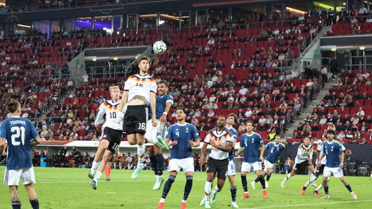 September 27, 2026, xrekx, Soccer, UEFA Nations League, Germany vs. Greece, Anton Stach (Germany) vs. Vangelis Pavlidis (Greece), tackle, action, battle for the ball, Augsburg