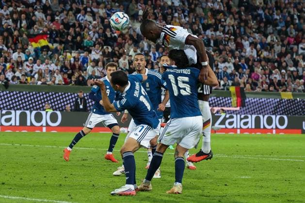 Yann Aurel Bisseck 2 Germany with a header, action, Germany vs. Greece, soccer, DFL, DFB, UEFA Nations League, 2026–2027 season, group stage, Group B, Matchday 2 of 6, September 27, 2026, Augsburg, Bavaria, Germany Copyright: xkolbert-press MartinxAgüerax