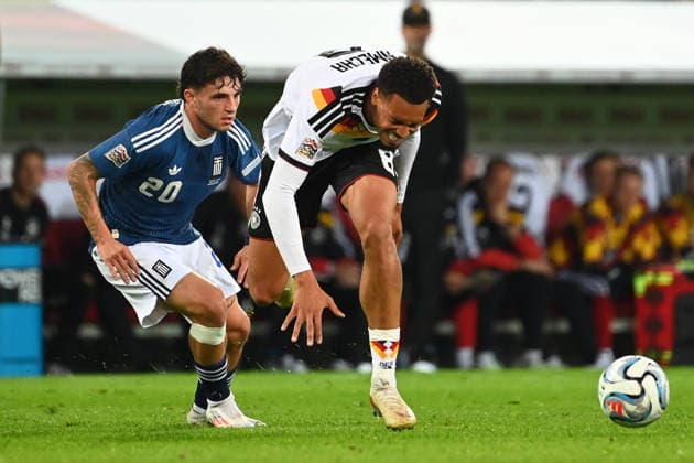 Photo by Christos MOUZAKITIS (Greece), Felix NMECHA (GER), Action, Tackle, soccer, Nations League group stage, Group B, Matchday 2, Germany (GER) vs. Greece (GRE) 0–1, on September 27, 2026, WWK ARENA AUGSBURG