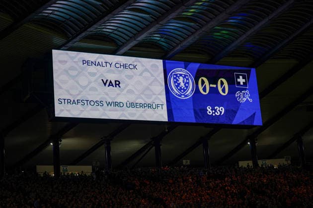 Soccer: UEFA Nations League 2026–2027, Matchday 2: Scotland vs. Switzerland at Hampden Park, Glasgow. The scoreboard at Hampden Park during the UEFA Nations League match between Scotland and Switzerland. With the score tied at 0–0, a possible penalty kick is reviewed by the Video Assistant Referee (VAR) in the 9th minute. Soccer, Scotland, Switzerland, VAR, video review, penalty kick, penalty, penalty check, referee, scoreboard, stadium display, score, result, Hampden Park, Glasgow Copyright: xJOERANxSTEINSIEKx