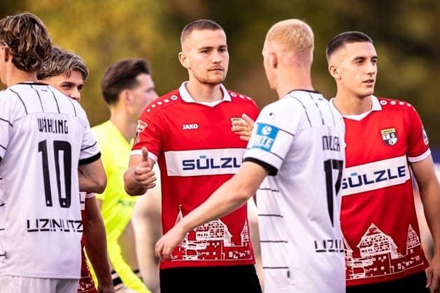 TSG Balingen vs. SSV Ulm 1846 Soccer, State Cup, WFV Cup, Round of 16, BIZERBA ARENA Balingen, September 30, 2026, photo by Simon Klostermann, TSG Balingen Soccer, 33, Leon Müller, SSV Ulm 1846, Soccer, 17, TSG Balingen vs. SSV Ulm 1846, Soccer, State Cup, WFV Cup, Round of 16, BIZERBA ARENA Balingen, September 30, 2026; Photo by Lucca Fundel, Balingen; BIZERBA ARENA, Baden-Württemberg, Germany