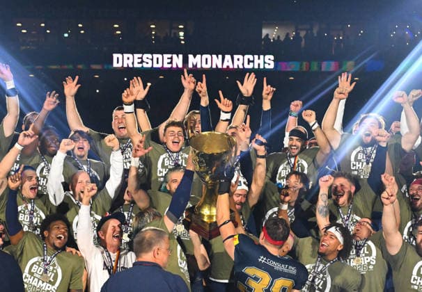 The Dresden Monarchs are the 2026 German Champions; award ceremony featuring the championship trophy, trophy, GFL Bowl, Bowl, German Championship final between the Dresden Monarchs and the Potsdam Royals, final, American football, German Football League, GFL, Dresden, Rudolf Harbig Stadium Dresden, October 3, 2026,