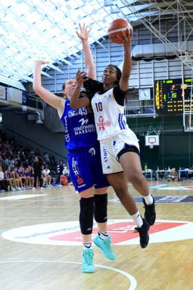 October 4, 2026, Germany, GER, DEU, Basketball, DBBL, 1st Bundesliga, Day 1, 2026–2027 Season, Berlin, ALBA Berlin vs. Marburg Fanta Gassama ALBA Berlin 10, Allyson Christensen BC Marburg 45 nordphoto GmbH Engler Berlin Soemmeringhalle Berlin Germany Copyright: xNordphotox xEnglerx