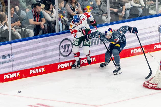 Battle for the Puck: Face-off between Cameron Wright of the Augsburger Panther, 16, and Ryan Murphy of EHC Red Bull Munich, 24 (GER), EHC Red Bull Munich vs. Augsburger Panther, DEL, 2026–2027 season, Matchday 6, October 4, 2026 Photo: HMB Media, Franz Feiner Copyright: HMBxMedia FranzxFeiner