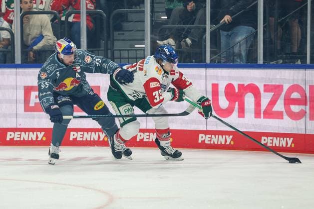 One-on-one, action, featuring Maximilian Kastner 93 (EHC Red Bull Munich) and Tim Wohlgemuth 33 (Augsburger Panther), EHC Red Bull Munich vs. Augsburger Panther, Matchday 6, ice hockey, Penny DEL, October 3, 2026, Munich, Bavaria, Germany Copyright: xkolbert-press ChristianxKolbertx