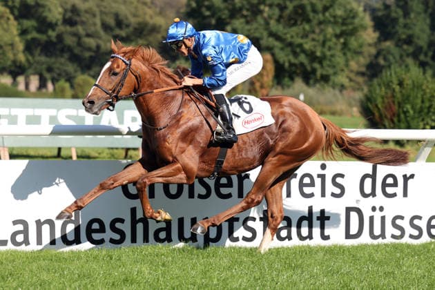 October 4, 2026, Düsseldorf, North Rhine-Westphalia, GER Daytona with Bauyrzhan Murzabayev wins at the Düsseldorf Grafenberg Racetrack Horse, jockey, Daytona, Murzabayev, victory, finish line, finish 261004SG790DUESSELDORF JPG