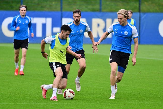 October 6, 2026, Soccer, Men s, 2nd Division Bundesliga, 2026–2027 Season, Holstein Kiel Practice, KSV Guillermo Balzi vs. Jonas Meffert and Noah Madsen, Kiel, near Holstein Stadium Projensdorf, Training Center, Northern Schleswig-Holstein, Germany