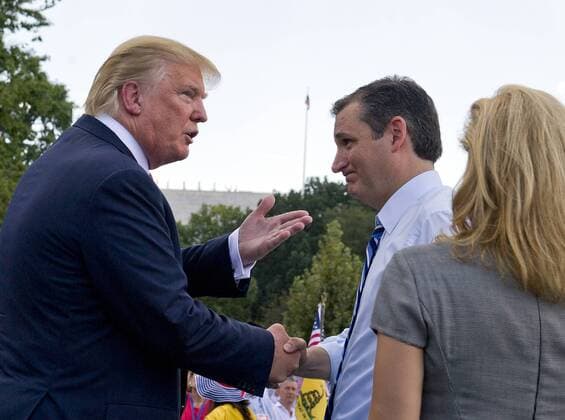 Sept. 9, 2015 - Washington, District of Columbia, United States of America - Donald Trump, a candidate for the 2016 Republican nomination for President of the United States, shakes hands with US Senator Ted Cruz (Republican of Texas), also a candidate for the GOP nomination for President, shake hands as they appear at a rally against the Iran Nuclear Deal on the West Lawn of the US Capitol in Washington, DC on Wednesday, September 9, 2015. Looking on from right is Heidi Cruz..Credit: Washington United States of America - ZUMAs152