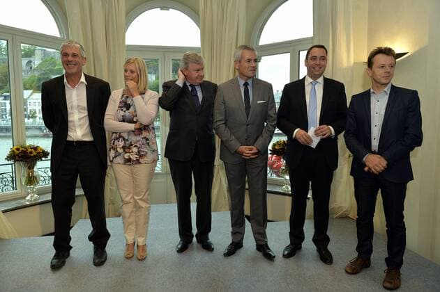 - NAMUR, BELGIUM: Walloon Minister of Local Authorities, Cities, Housing and Energy Paul Furlan, Walloon Minister of Employment and Formation Eliane Tillieux, Walloon Minister of Economy, Industry, Innovation and IT Jean-Claude Marcourt, Walloon Minister of Budget, Public Function and Administrative Simplification Christophe Lacroix, Walloon Minister of Public Works, Road Safety, Health, Social Affairs, Family Allowances, Equal Chances, Economic Activities and Heritage Maxime Prevot and Walloon Minister of Environment, Animal Welfare, Spatial Planning, Airports and Mobility Carlo Di Antonio pictured during the award ceremony for the Merite Wallons by the Walloon Government at the Elysette, in Jambes, Namur, Thursday 17 September 2015. ERICxLALMAND 04702124