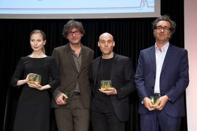 von links: Preistaegerin Nora von WALDSTAETTEN, von Waldstätten, AUT, Schauspielerin, Preistraeger David SCHALKO, AUT, Regisseur, Preistraeger Joshua OPPENHEIMER, USA, Regisseur, Preistraeger Paolo SORRENTINO, ITA, Regisseur, Schriftsteller, Autor, Preisverleihung der Cologne Conference in Koeln, 30.09.2015.