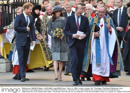March 14, 2016 - London, London, UK - The Queen, The Duke of Edinburgh, Kate, Duchess of Cambridge, William, Duke of Cambridge, Prince Harry, The Duke of York, Ellie Goulding, Kofi Annan attend the Commonwealth Day Observance Service At Westminister Abbey. The annual multi-faith service is a celebration of the Commonwealth London, UK. London UK - ZUMAl94_